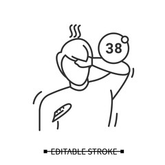 Fever icon. Linear pictogram of male person having heat and measuring body temperature. Concept of flu, sun stroke and infection corona virus disease symptoms. Editable stroke vector illustration
