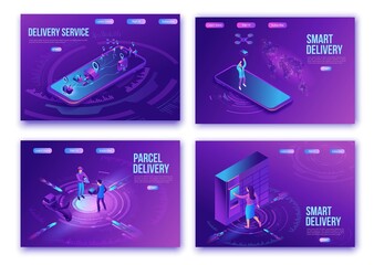 Isometric delivery service with truck at warehouse, landing page set, ui design template, smart logistics company illustration, shipment by plane, car, maritime transport, people receive parcel