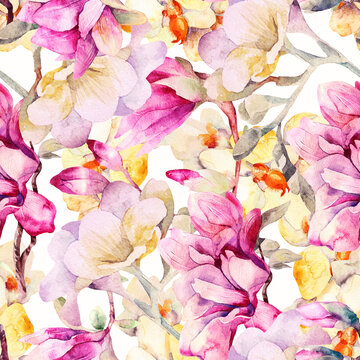 beautiful watercolor pattern with magnolia and orchid flowers © Marina