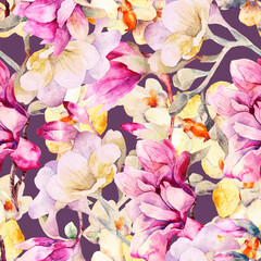 magnolia orchid watercolor pattern on a dark purple background