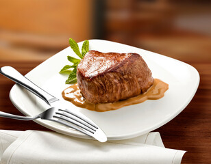 Solomillo  con salsa de mostaza sobre plato con cubiertos en mesa de madera. Sirloin steak with mustard sauce on plate with cutlery on wooden table.