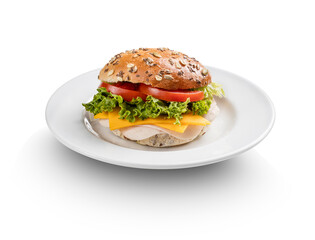 Hamburguesa de pavo y queso sobre fondo blanco. Turkey and cheese burger on a white background