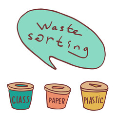 Waste sorting text on white isolated backdrop. Trash recycle logo for vegan shop or online store logo, social banner, eco blog, flyer. Phone case or cloth print. Doodle style stock vector illustration