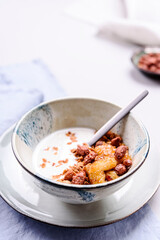 Healthy breakfast yogurt bowl with granola and caramelized bananas and nuts on grey concrete background. Selective focus