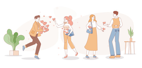 People share with their hearts vector cartoon outline illustration. Happy smiling men and women bring hearts and likes to each other. Social network rating, dating app, charity, and donation concept.