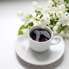 White cup of morning espresso with a blossoming apple tree branch on a stone surface of a table with reflections.