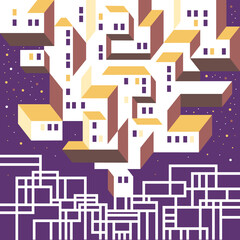 Vector illustration city with night, sky, stars in flat design. Urban landscape. Futuristic city. City communications.
