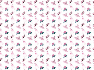 Seamless watercolor pattern vintage style pink dresses, flowers and ballet shoes. For packaging and design