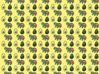 Seamless watercolor pattern of cute tortoise and avocado. Elements on a yellow background.