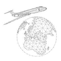 Airplane is flying around the globe from abstract futuristic polygonal black lines and dots. Vector illustration.