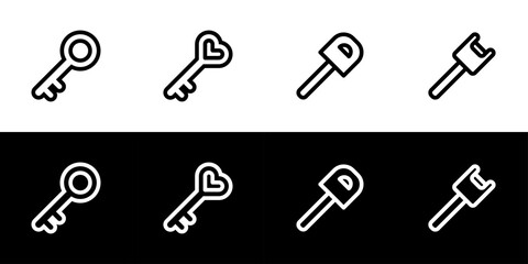 Key icon set. Flat design icon collection isolated on black and white background.