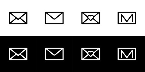 Letter or mail icon set. Flat design icon collection isolated on black and white background.