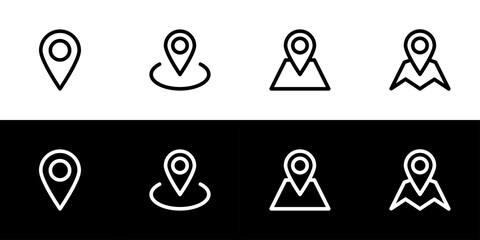 Location icon set. Flat design icon collection isolated on black and white background.