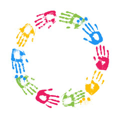 Wreath made from colorful handprints isolated on white background. Brignt circle frame with hands.