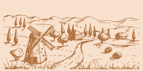 Rural landscape with mill sketch hand drawing. Design for packaging. Vector stock illustration.