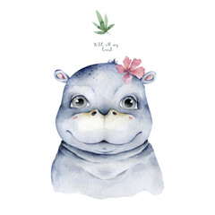 Hand drawn cute isolated tropical summer watercolor hippo animals. Baby cartoon animal illustrations, jungle tree and leaves, brazil trendy design.