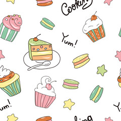 Sweet desserts seamless pattern. A delicious piece of cake, muffins with cream and cherries, pastry delicacies. Great pattern for textile or cafe menu.