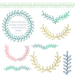 Hand drawn flower wreath, design elements and seamless shape pattern brushes set.
One style floral design elements collection.
