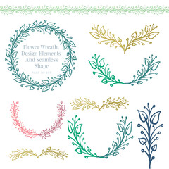 Hand drawn flower wreath, design elements and seamless shape pattern brushes set.
One style floral design elements collection.
