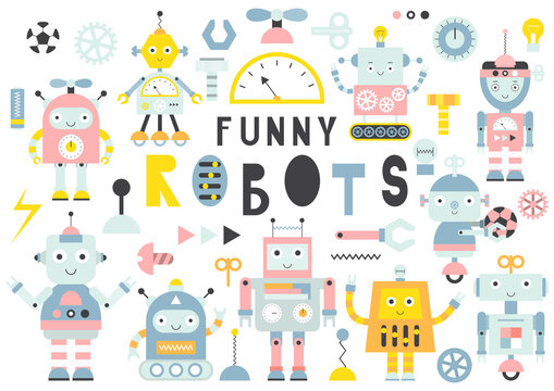 Set of cute robots, transformers and tools isolated on white background. Robotics for kids. Vector illustration. Lettering Funny robots.