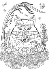 Fox in forest coloring page. Vector illustration for coloring. Outline coloring page.