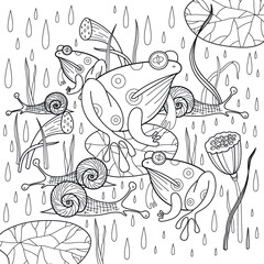 Frogs and snails under rain coloring page. Outline coloring page. Vector illustration for coloring.