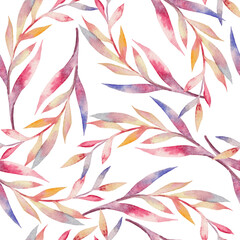 Fototapeta na wymiar Multicolored watercolor pattern. Exotic pink branches with leaves. Hand drawn.