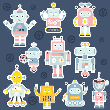Set of cute robot and transformer characters in stickers set. Robotics for kids. Vector illustration.