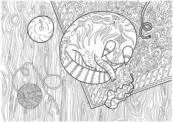 Coloring page with sleeping cat. Vector illustration for coloring. Outlined coloring page.
