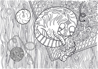 Coloring page with sleeping cat. Vector illustration for coloring. Outlined coloring page.