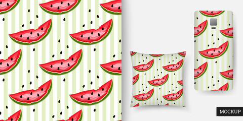 Watermelon seamless pattern. Abstract sweet background. Vector illustration. Repeating texture. Modern ornament. Mockup.