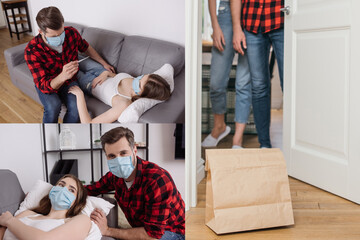 collage of man caring of diseased girlfriend, and couple standing near paper bag with takeaway food near door