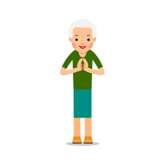 Elderly woman standing and makes greeting with his hands together to prevent transmission of viruses. Isolated vector illustration in flat style on white background. Namaste of european lady
