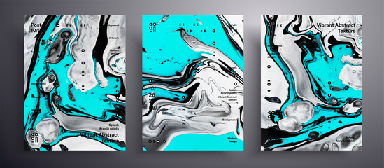 Abstract liquid placard, fluid art vector texture pack. Trendy background that can be used for design cover, poster, brochure and etc. Black, white and aquamarine unusual creative surface template
