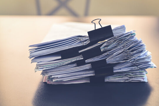 Close Up Document Pile On Office Desk, Stack Of Business Paper On The Table