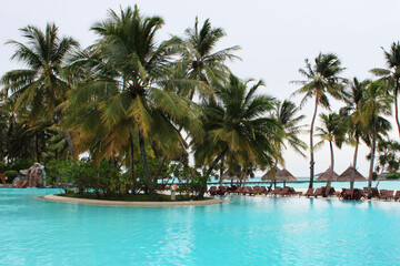 Fototapeta na wymiar Tranquil scene of the large infinity pool on the shores of the Indian Ocean with sunbeds and umbrellas in the shade of the palm trees, Maldives islands. Luxury resort. Vacation and travel concept