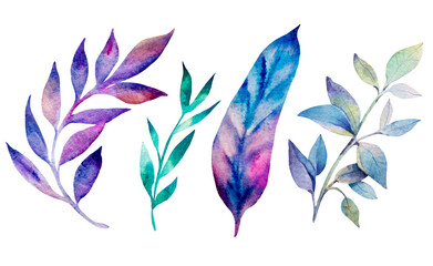 Fototapeta na wymiar Watercolor set of tropical leaves on a white background. Botanical illustration is perfect for weddings, invitations, cards, advertising.
