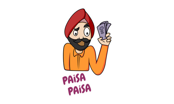 Vector cartoon illustration of Punjabi man holding money in hand. Paisa  paisa Hindi text translation- money money. Isolated on white background.  Stock Vector | Adobe Stock