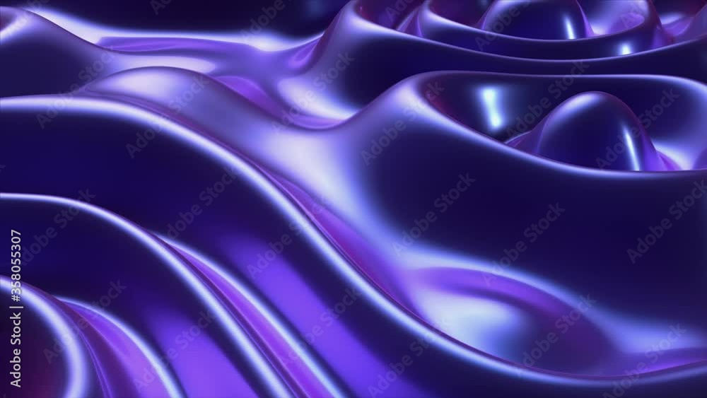 Poster Abstract wavy dynamic surface background. Ultraviolet glossy neon wave with ripples. Trendy liquid fluid flow pattern. 4k seamless loop 3D animation.