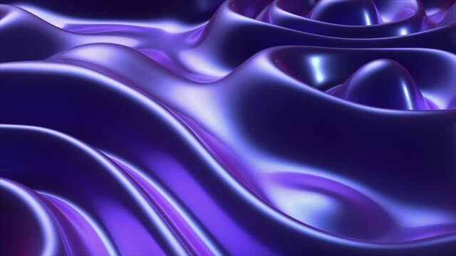 Abstract wavy dynamic surface background. Ultraviolet glossy neon wave with ripples. Trendy liquid fluid flow pattern. 4k seamless loop 3D animation.