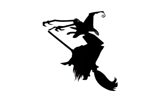Silhouette of a witch flying, riding a broom. illustration