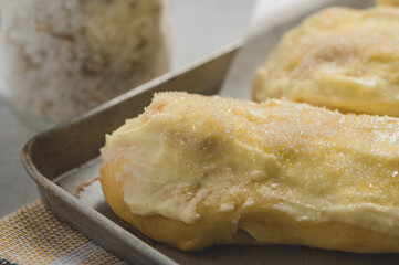 Buttery, Sweet and Milky- Cheese Rolls -Filipino Bread Snack- Close up Solo  Horizontal