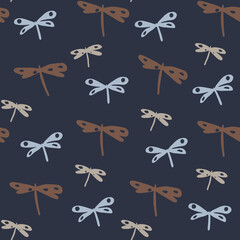 Vintage dragonfly seamless pattern on blue background. Doodle dragonflies wallpaper.