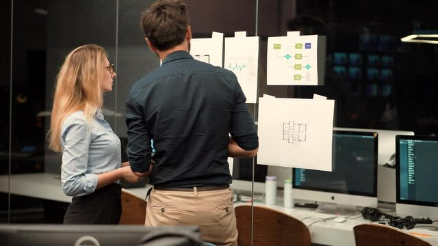 Two Colleagues Talking In Face Mask Office On Covid19 Coronavirus Pandemic Quarantine.Coworkers Working Together In Lock down Avoid Self Distance.Employees Cooperating In Working Together On Workplace