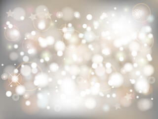Silver christmas background with bokeh lights. Vector abstract bokeh background. Festive unfocused lights.