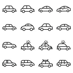 nCar, BMW Car, Muscle Car, , Hyundai Car, Police Sedan, Security Car, Family Wagon, Taxicab, Retro Car Line Vector Icons Set n