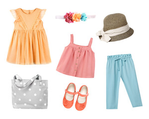 Child girl's summer clothes isolated,female kid clothing,fashion apparel collection set