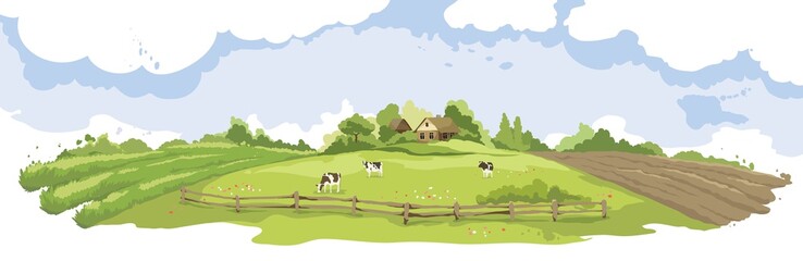 Abstract summer landscape -- farm fields / Vector illustration, rural view -- fields and meadows, old village, herd of cows - obrazy, fototapety, plakaty