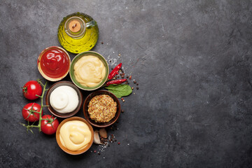 Set of various sauces. Popular sauces in bowls