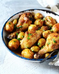 Baked chicken legs with young potatoes in a baking dish on a gray background